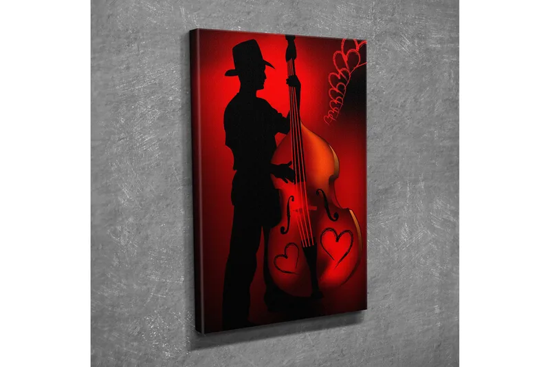 Liten lerretsbilde 30x40 cm - Silhuett av en musiker som spiller kontrabass med hjerteformede detaljer, Rød / Svart