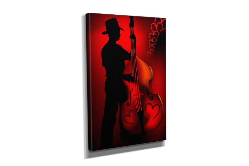 Liten lerretsbilde 30x40 cm - Silhuett av en musiker som spiller kontrabass med hjerteformede detaljer - Rød / Svart - Innredning - Bilder & kunst - Lerretsbilder