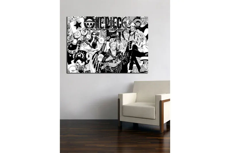 Stort lerretsbilde 100x70 cm - Dynamisk samling av karakterer fra en eventyrhistorie - Svart / Hvit - Innredning - Bilder & kunst - Lerretsbilder