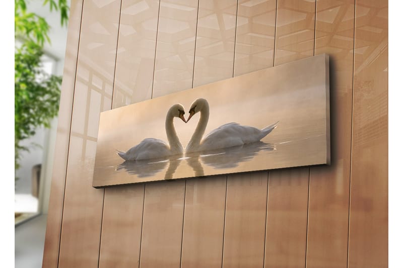 Stort lerretsbilde 90x30 cm - To svaner som danner et hjerte med halsen - Hvit / Beige - Innredning - Bilder & kunst - Lerretsbilder