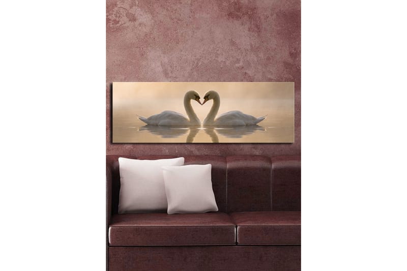 Stort lerretsbilde 90x30 cm - To svaner som danner et hjerte med halsen - Hvit / Beige - Innredning - Bilder & kunst - Lerretsbilder