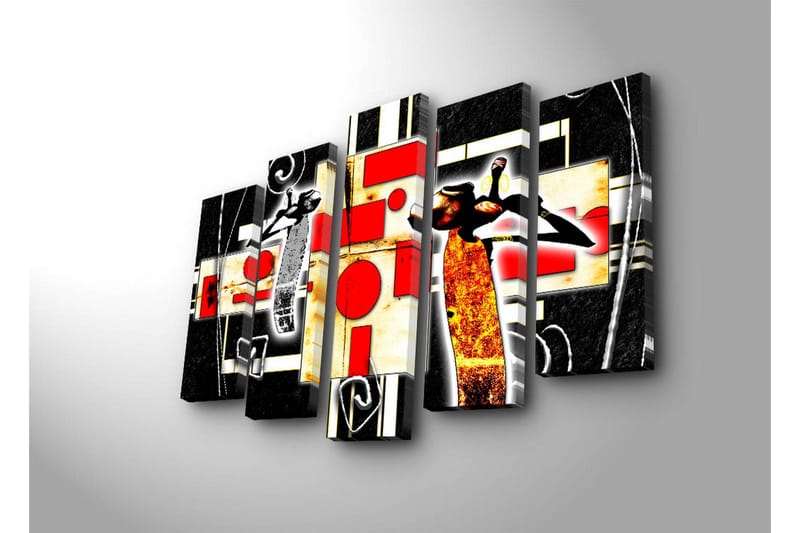 Stort lerretsbilde i 5 deler 105x70 cm - Abstrakt komposisjon med dansende figurer og geometriske former - Rød / Svart / Gul - Innredning - Bilder & kunst - Lerretsbilder