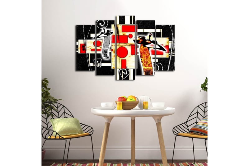 Stort lerretsbilde i 5 deler 105x70 cm - Abstrakt komposisjon med dansende figurer og geometriske former - Rød / Svart / Gul - Innredning - Bilder & kunst - Lerretsbilder