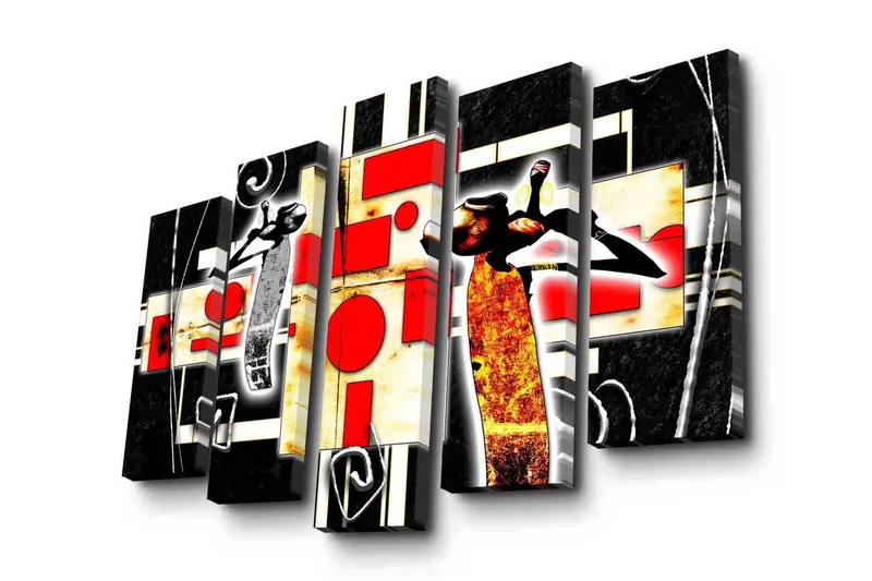Stort lerretsbilde i 5 deler 105x70 cm - Abstrakt komposisjon med dansende figurer og geometriske former - Rød / Svart / Gul - Innredning - Bilder & kunst - Lerretsbilder
