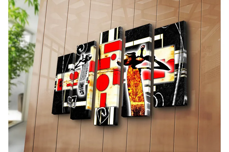 Stort lerretsbilde i 5 deler 105x70 cm - Abstrakt komposisjon med dansende figurer og geometriske former - Rød / Svart / Gul - Innredning - Bilder & kunst - Lerretsbilder