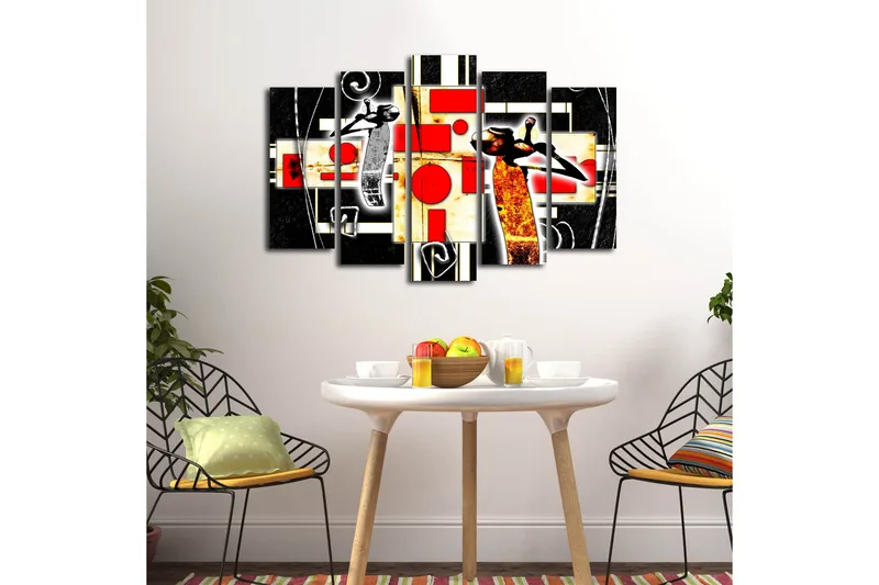 Stort lerretsbilde i 5 deler 105x70 cm - Abstrakt komposisjon med dansende figurer og geometriske former - Rød / Svart / Gul - Innredning - Bilder & kunst - Lerretsbilder