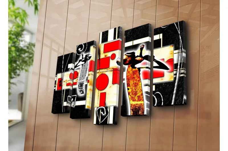 Stort lerretsbilde i 5 deler 105x70 cm - Abstrakt komposisjon med dansende figurer og geometriske former - Rød / Svart / Gul - Innredning - Bilder & kunst - Lerretsbilder