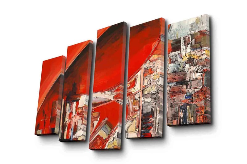 Stort lerretsbilde i 5 deler 105x70 cm - Abstrakt komposisjon med dominerende røde nyanser - Rød / Hvit / Grå - Innredning - Bilder & kunst - Lerretsbilder