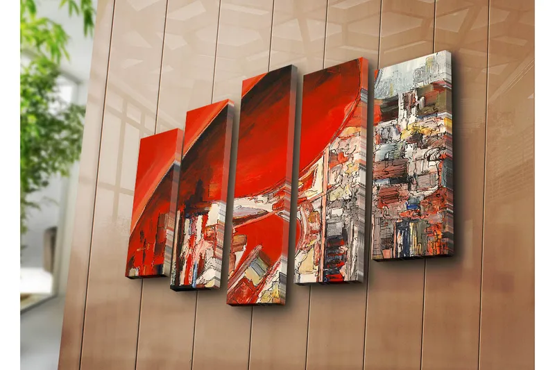 Stort lerretsbilde i 5 deler 105x70 cm - Abstrakt komposisjon med dominerende røde nyanser - Rød / Hvit / Grå - Innredning - Bilder & kunst - Lerretsbilder