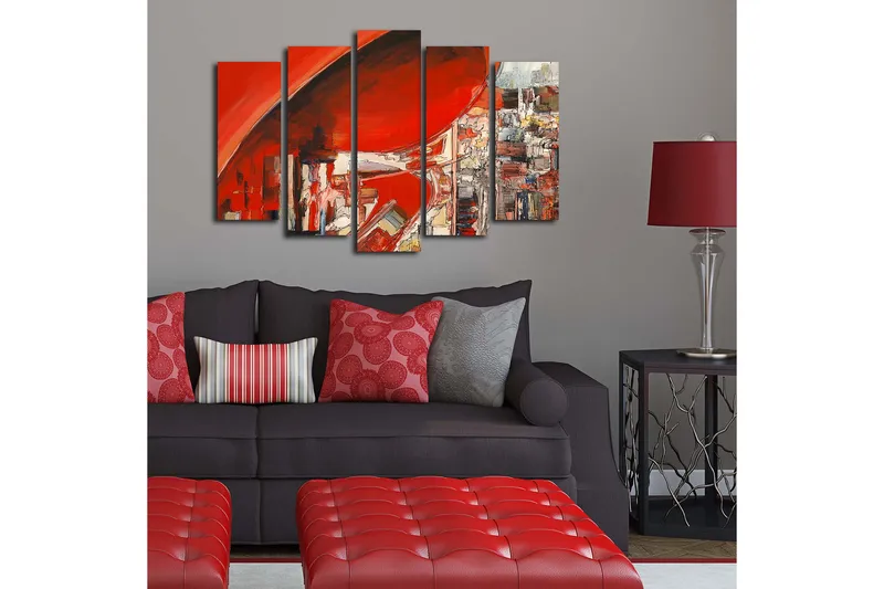 Stort lerretsbilde i 5 deler 105x70 cm - Abstrakt komposisjon med dominerende røde nyanser - Rød / Hvit / Grå - Innredning - Bilder & kunst - Lerretsbilder