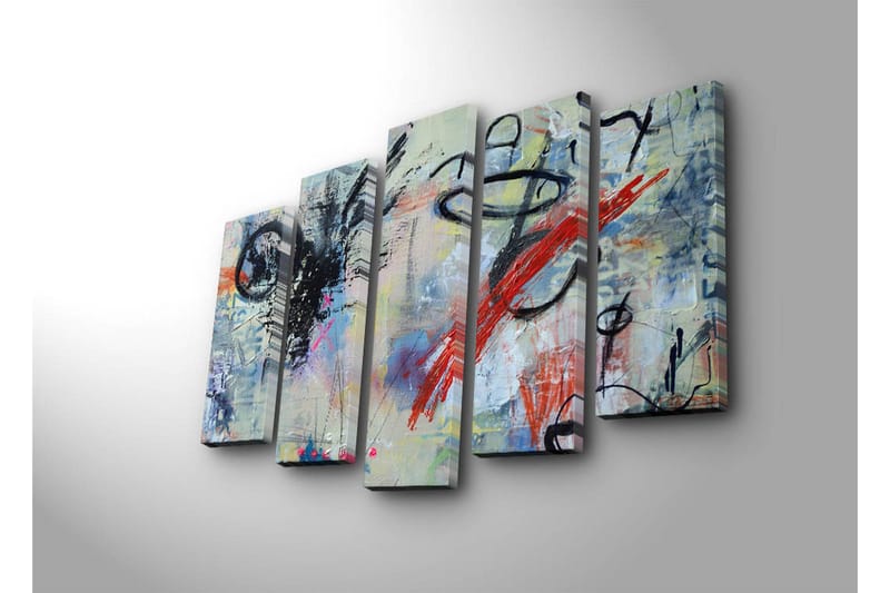 Stort lerretsbilde i 5 deler 105x70 cm - Abstrakt komposisjon med dynamiske linjer og fargede elementer - Svart / Rød / Blå - Innredning - Bilder & kunst - Lerretsbilder