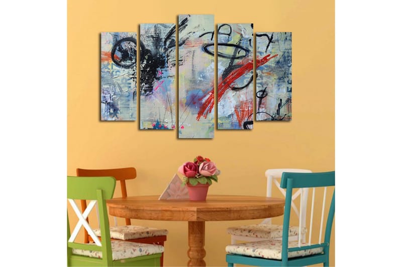 Stort lerretsbilde i 5 deler 105x70 cm - Abstrakt komposisjon med dynamiske linjer og fargede elementer - Svart / Rød / Blå - Innredning - Bilder & kunst - Lerretsbilder