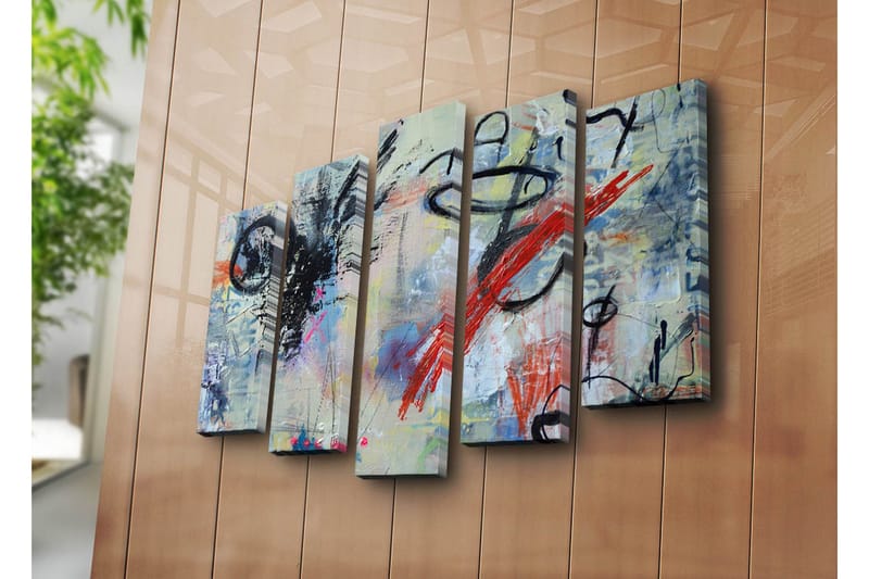 Stort lerretsbilde i 5 deler 105x70 cm - Abstrakt komposisjon med dynamiske linjer og fargede elementer - Svart / Rød / Blå - Innredning - Bilder & kunst - Lerretsbilder