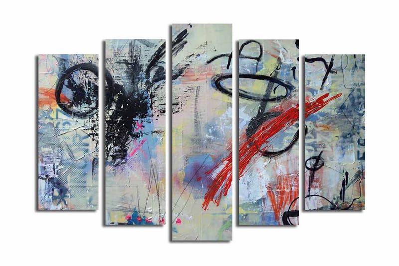 Stort lerretsbilde i 5 deler 105x70 cm - Abstrakt komposisjon med dynamiske linjer og fargede elementer - Svart / Rød / Blå - Innredning - Bilder & kunst - Lerretsbilder