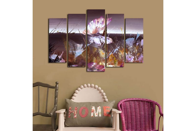 Stort lerretsbilde i 5 deler 105x70 cm - Abstrakt komposisjon med en sommerfugl i fokus - Lilla / Brun / Hvit - Innredning - Bilder & kunst - Lerretsbilder