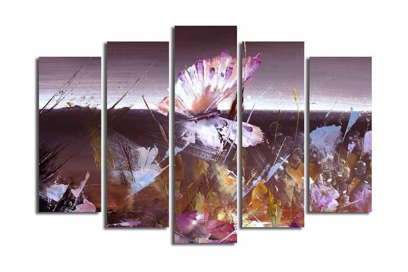Stort lerretsbilde i 5 deler 105x70 cm - Abstrakt komposisjon med en sommerfugl i fokus - Lilla / Brun / Hvit - Innredning - Bilder & kunst - Lerretsbilder