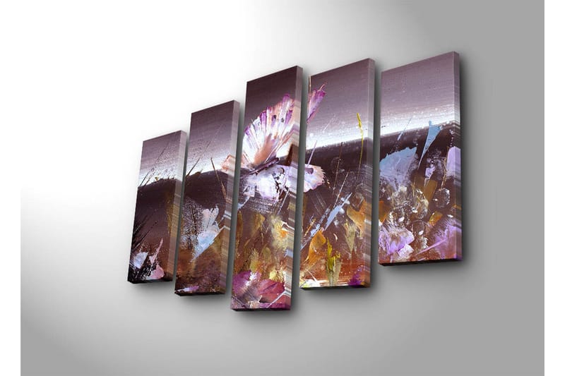 Stort lerretsbilde i 5 deler 105x70 cm - Abstrakt komposisjon med en sommerfugl i fokus - Lilla / Brun / Hvit - Innredning - Bilder & kunst - Lerretsbilder