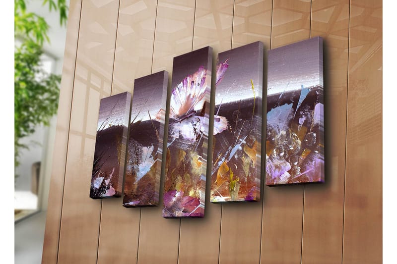 Stort lerretsbilde i 5 deler 105x70 cm - Abstrakt komposisjon med en sommerfugl i fokus - Lilla / Brun / Hvit - Innredning - Bilder & kunst - Lerretsbilder