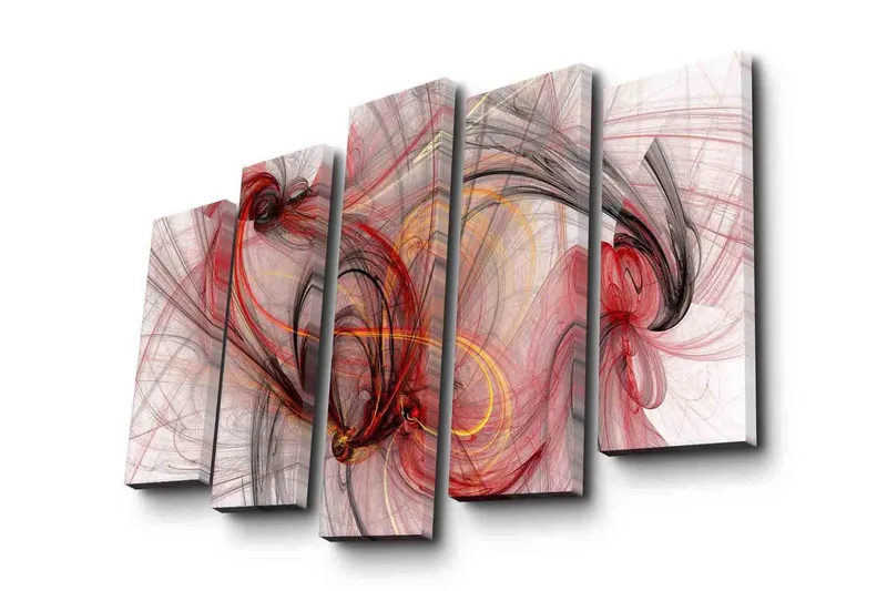 Stort lerretsbilde i 5 deler 105x70 cm - Abstrakt komposisjon med flytende linjer i rødt og svart - Rød / Svart / Gull - Innredning - Bilder & kunst - Lerretsbilder