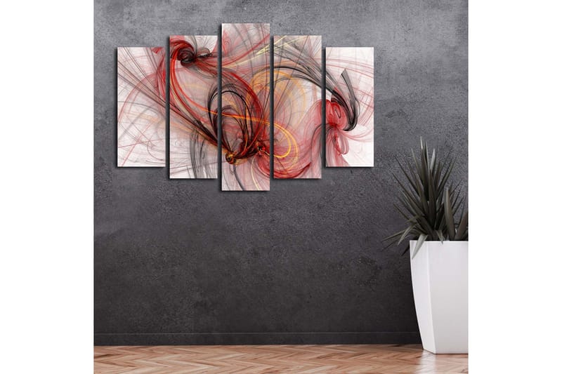 Stort lerretsbilde i 5 deler 105x70 cm - Abstrakt komposisjon med flytende linjer i rødt og svart - Rød / Svart / Gull - Innredning - Bilder & kunst - Lerretsbilder