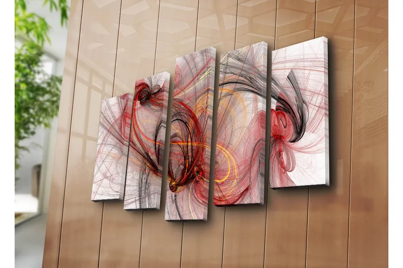 Stort lerretsbilde i 5 deler 105x70 cm - Abstrakt komposisjon med flytende linjer i rødt og svart - Rød / Svart / Gull - Innredning - Bilder & kunst - Lerretsbilder