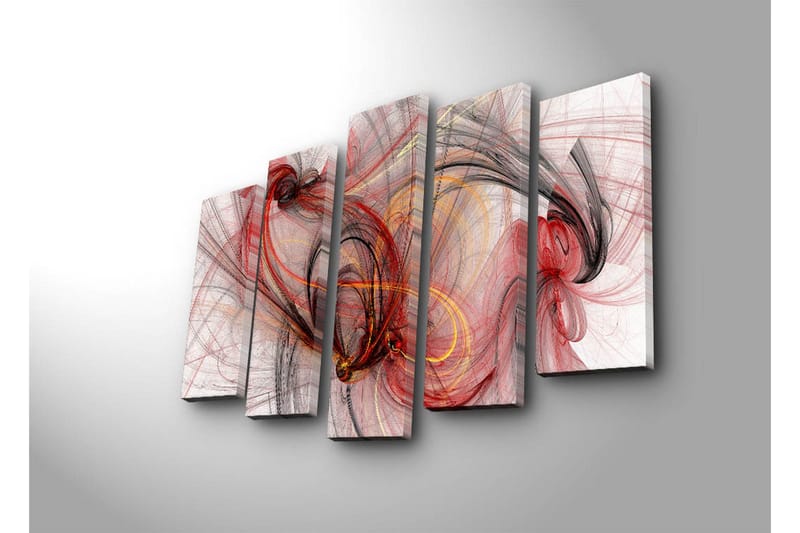 Stort lerretsbilde i 5 deler 105x70 cm - Abstrakt komposisjon med flytende linjer i rødt og svart - Rød / Svart / Gull - Innredning - Bilder & kunst - Lerretsbilder