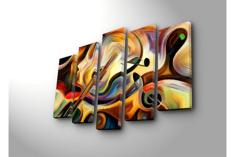 Stort lerretsbilde i 5 deler 105x70 cm - Abstrakt komposisjon med musikkinstrumenter og ansiktsprofil - Gull / Rød / Svart - Innredning - Bilder & kunst - Lerretsbilder