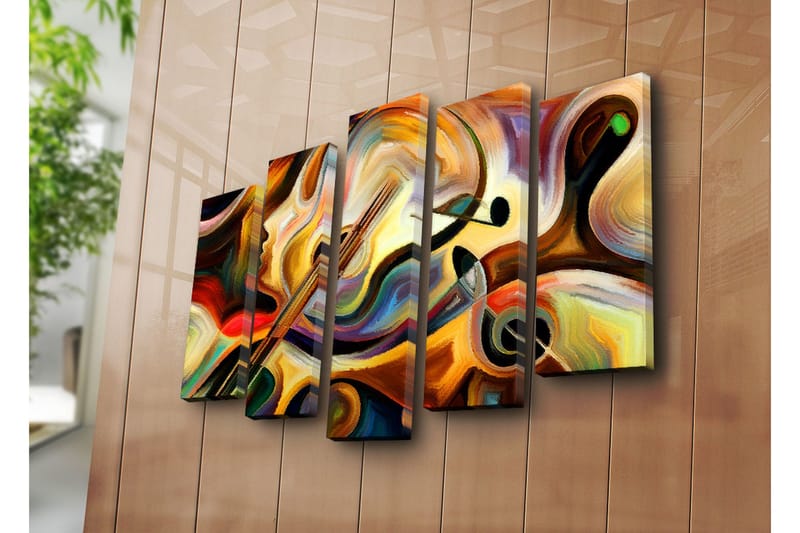 Stort lerretsbilde i 5 deler 105x70 cm - Abstrakt komposisjon med musikkinstrumenter og ansiktsprofil - Gull / Rød / Svart - Innredning - Bilder & kunst - Lerretsbilder
