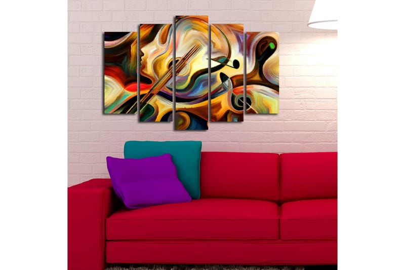 Stort lerretsbilde i 5 deler 105x70 cm - Abstrakt komposisjon med musikkinstrumenter og ansiktsprofil - Gull / Rød / Svart - Innredning - Bilder & kunst - Lerretsbilder