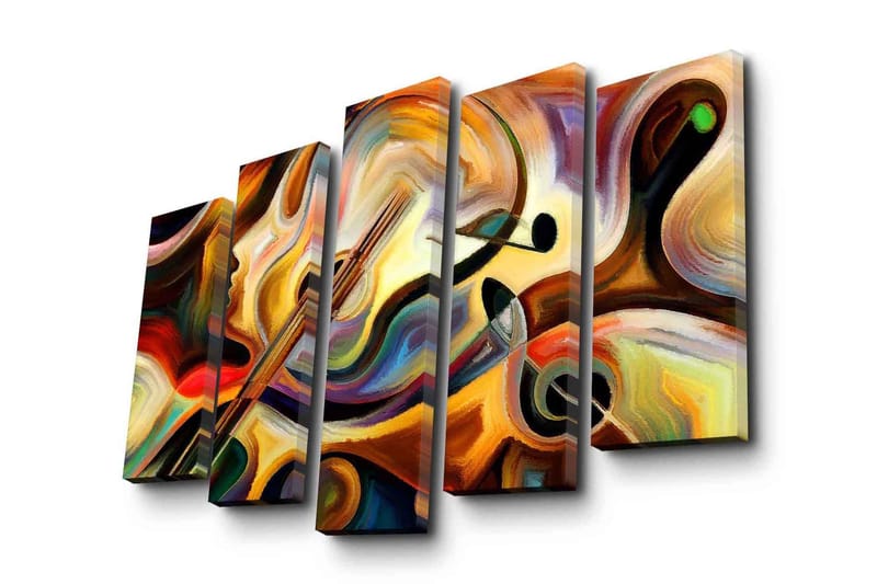 Stort lerretsbilde i 5 deler 105x70 cm - Abstrakt komposisjon med musikkinstrumenter og ansiktsprofil - Gull / Rød / Svart - Innredning - Bilder & kunst - Lerretsbilder