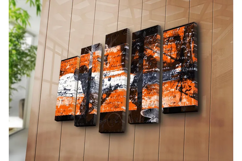 Stort lerretsbilde i 5 deler 105x70 cm - Abstrakt komposisjon med oransje og svarte elementer - Oransje / Svart - Innredning - Bilder & kunst - Lerretsbilder