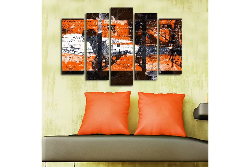 Stort lerretsbilde i 5 deler 105x70 cm - Abstrakt komposisjon med oransje og svarte elementer - Oransje / Svart - Innredning - Bilder & kunst - Lerretsbilder