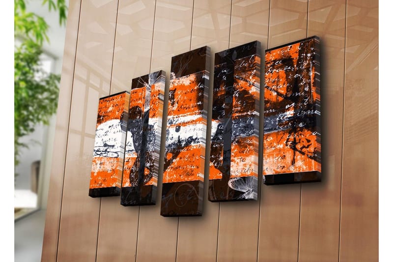Stort lerretsbilde i 5 deler 105x70 cm - Abstrakt komposisjon med oransje og svarte elementer - Oransje / Svart - Innredning - Bilder & kunst - Lerretsbilder