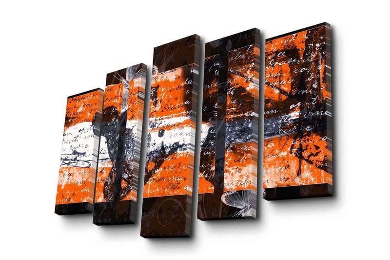 Stort lerretsbilde i 5 deler 105x70 cm - Abstrakt komposisjon med oransje og svarte elementer - Oransje / Svart - Innredning - Bilder & kunst - Lerretsbilder
