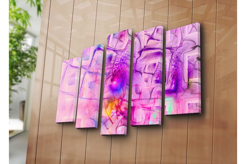 Stort lerretsbilde i 5 deler 105x70 cm - Abstrakt komposisjon med rosa og lilla former - Rosa / Lilla - Innredning - Bilder & kunst - Lerretsbilder