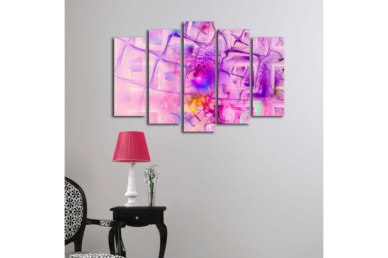 Stort lerretsbilde i 5 deler 105x70 cm - Abstrakt komposisjon med rosa og lilla former - Rosa / Lilla - Innredning - Bilder & kunst - Lerretsbilder