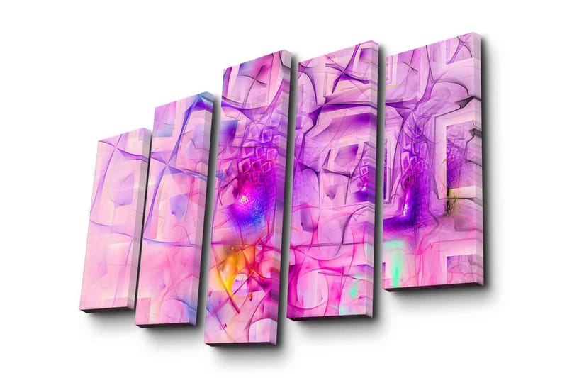 Stort lerretsbilde i 5 deler 105x70 cm - Abstrakt komposisjon med rosa og lilla former - Rosa / Lilla - Innredning - Bilder & kunst - Lerretsbilder