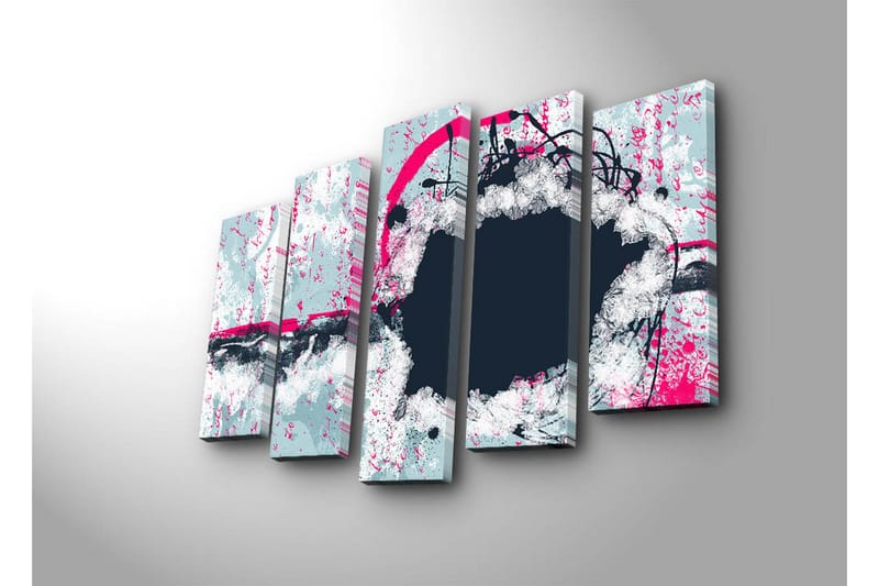 Stort lerretsbilde i 5 deler 105x70 cm - Abstrakt komposisjon med sirkulære former og kontrastfarger - Mørk blå / Lys grå / Rosa - Innredning - Bilder & kunst - Lerretsbilder