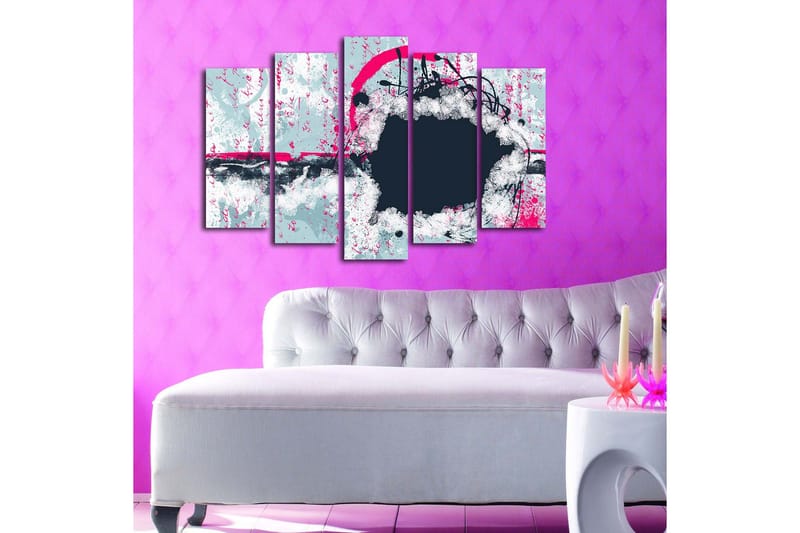 Stort lerretsbilde i 5 deler 105x70 cm - Abstrakt komposisjon med sirkulære former og kontrastfarger - Mørk blå / Lys grå / Rosa - Innredning - Bilder & kunst - Lerretsbilder