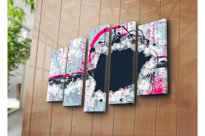 Stort lerretsbilde i 5 deler 105x70 cm - Abstrakt komposisjon med sirkulære former og kontrastfarger - Mørk blå / Lys grå / Rosa - Innredning - Bilder & kunst - Lerretsbilder