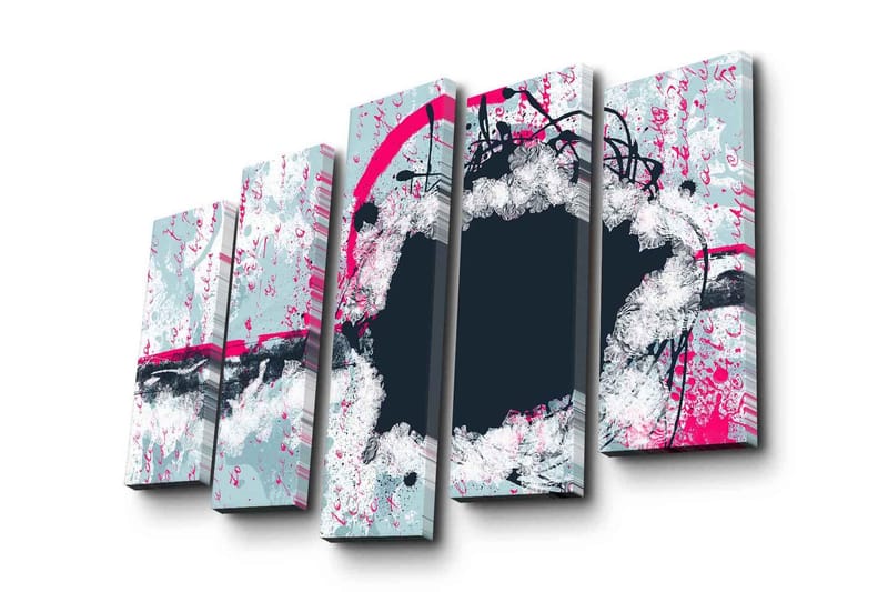 Stort lerretsbilde i 5 deler 105x70 cm - Abstrakt komposisjon med sirkulære former og kontrastfarger - Mørk blå / Lys grå / Rosa - Innredning - Bilder & kunst - Lerretsbilder
