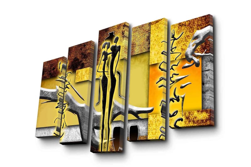 Stort lerretsbilde i 5 deler 105x70 cm - Abstrakt komposisjon med stiliserte figurer og geometriske former - Gul / Svart / Brun - Innredning - Bilder & kunst - Lerretsbilder