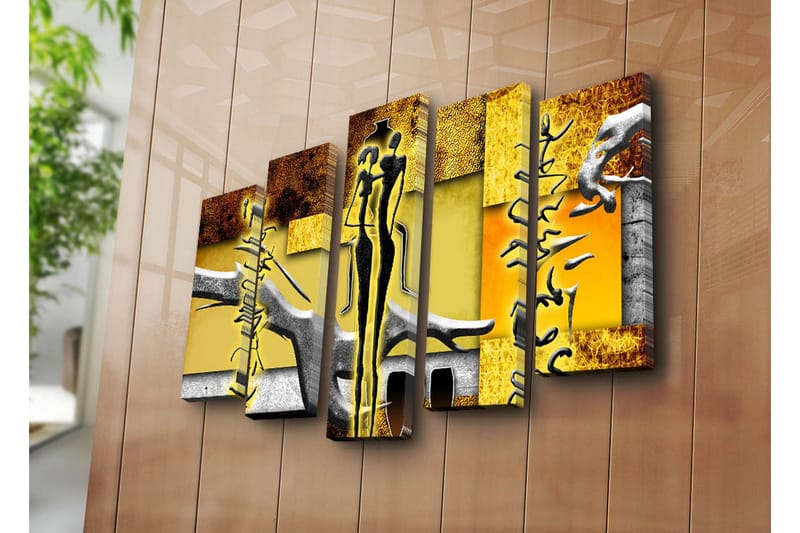 Stort lerretsbilde i 5 deler 105x70 cm - Abstrakt komposisjon med stiliserte figurer og geometriske former - Gul / Svart / Brun - Innredning - Bilder & kunst - Lerretsbilder