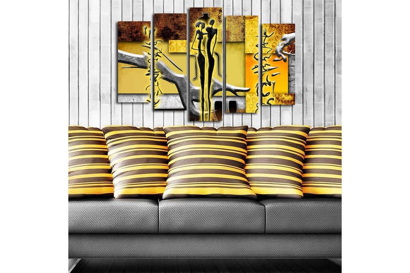 Stort lerretsbilde i 5 deler 105x70 cm - Abstrakt komposisjon med stiliserte figurer og geometriske former - Gul / Svart / Brun - Innredning - Bilder & kunst - Lerretsbilder