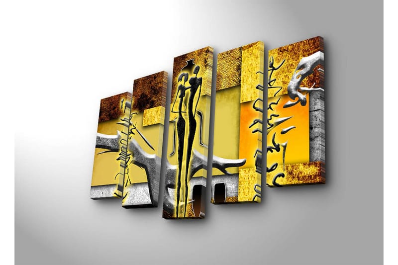 Stort lerretsbilde i 5 deler 105x70 cm - Abstrakt komposisjon med stiliserte figurer og geometriske former - Gul / Svart / Brun - Innredning - Bilder & kunst - Lerretsbilder