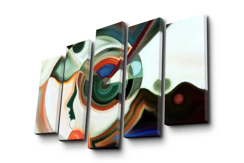 Stort lerretsbilde i 5 deler 105x70 cm - Abstrakt portrett med geometriske former og fargerike elementer - Grønn / Rød / Hvit - Innredning - Bilder & kunst - Lerretsbilder
