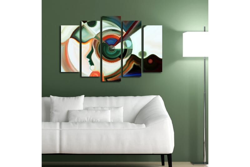 Stort lerretsbilde i 5 deler 105x70 cm - Abstrakt portrett med geometriske former og fargerike elementer - Grønn / Rød / Hvit - Innredning - Bilder & kunst - Lerretsbilder