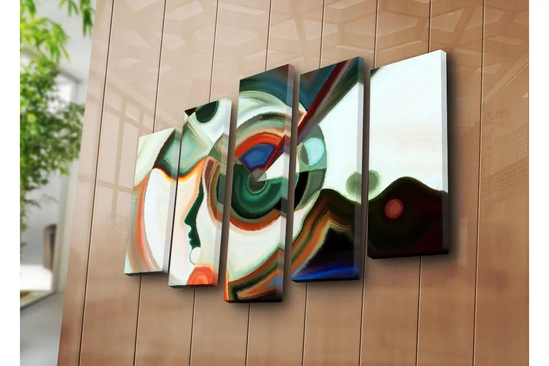 Stort lerretsbilde i 5 deler 105x70 cm - Abstrakt portrett med geometriske former og fargerike elementer - Grønn / Rød / Hvit - Innredning - Bilder & kunst - Lerretsbilder