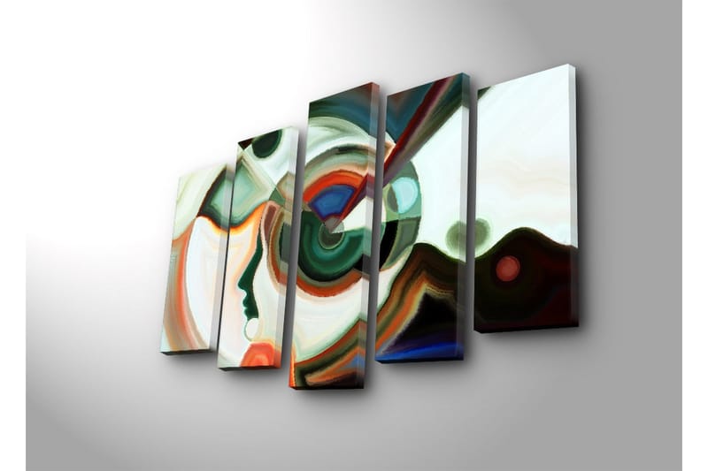 Stort lerretsbilde i 5 deler 105x70 cm - Abstrakt portrett med geometriske former og fargerike elementer - Grønn / Rød / Hvit - Innredning - Bilder & kunst - Lerretsbilder