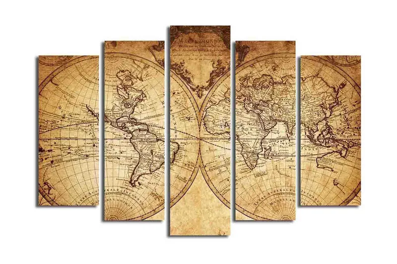 Stort lerretsbilde i 5 deler 105x70 cm - Antikt verdenskart med detaljerte konturer og geografiske navn - Beige / Brun - Innredning - Bilder & kunst - Lerretsbilder